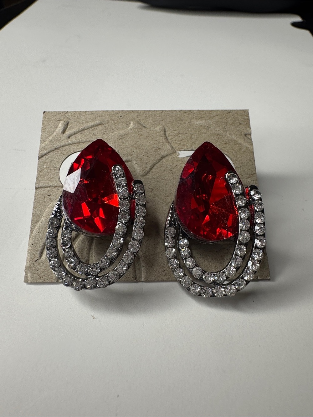 Red Teardrop Crystal Statement Earrings - Sparkling Silver Accents